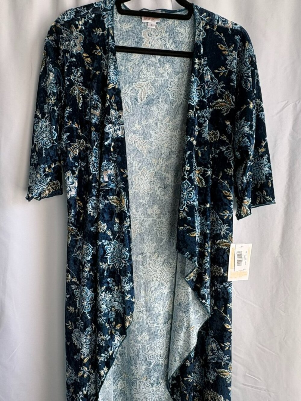 LuLaRoe Shirley S Navy Velour Light Blue Floral Elegant Kimono NWT